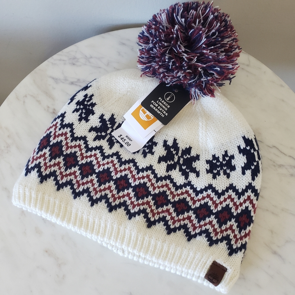 Timberland Fair Isle Fleece Lined Sweater Knit Beanie Hat With Pom Pom